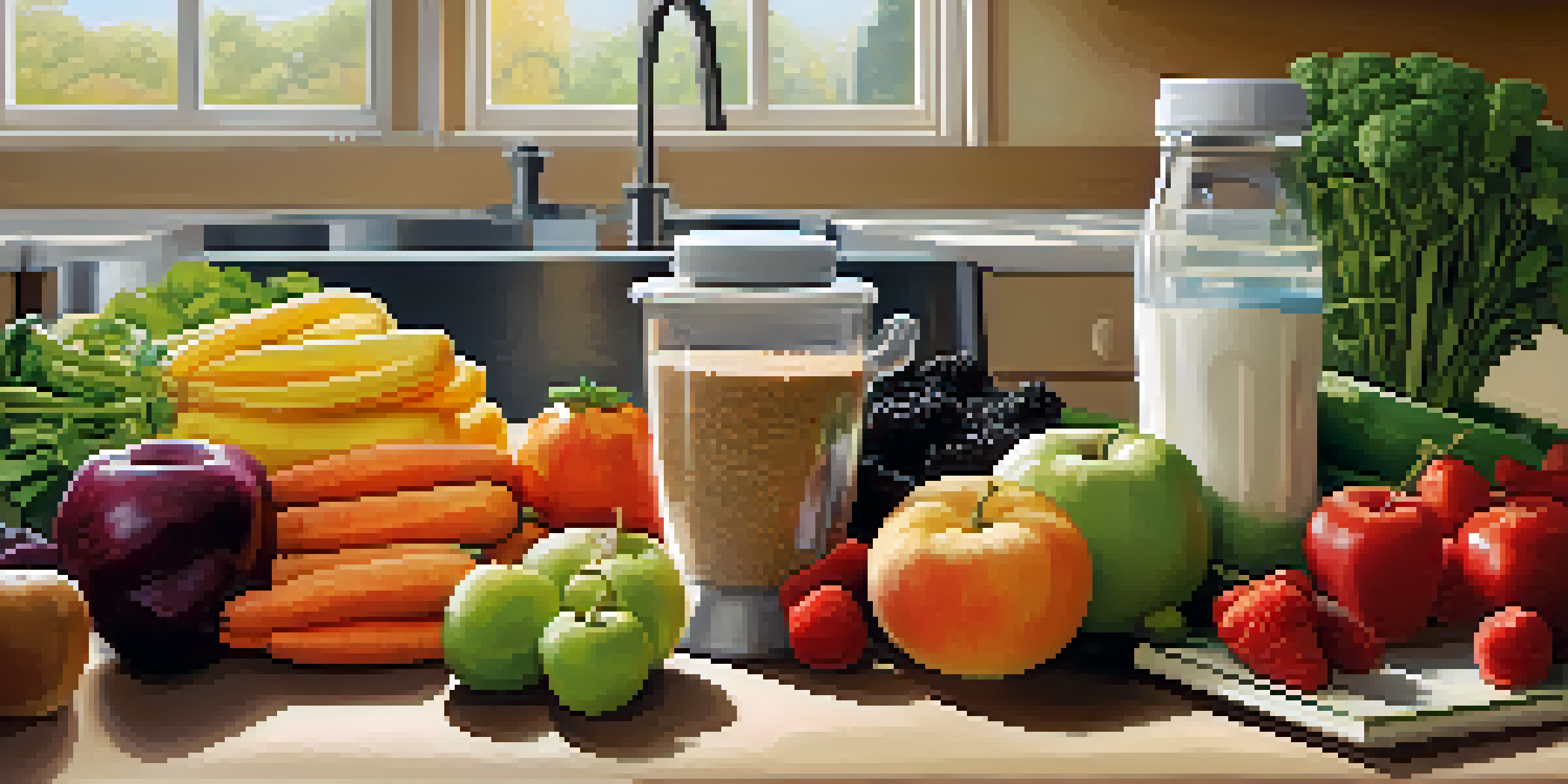 A colorful array of fruits and vegetables on a kitchen countertop, alongside grains and a protein shake bottle, illustrating the connection between nutrition and strength training.