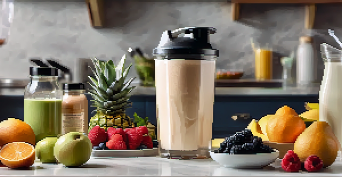 A protein shake being poured into a glass with fresh fruits and protein powder containers in the background.