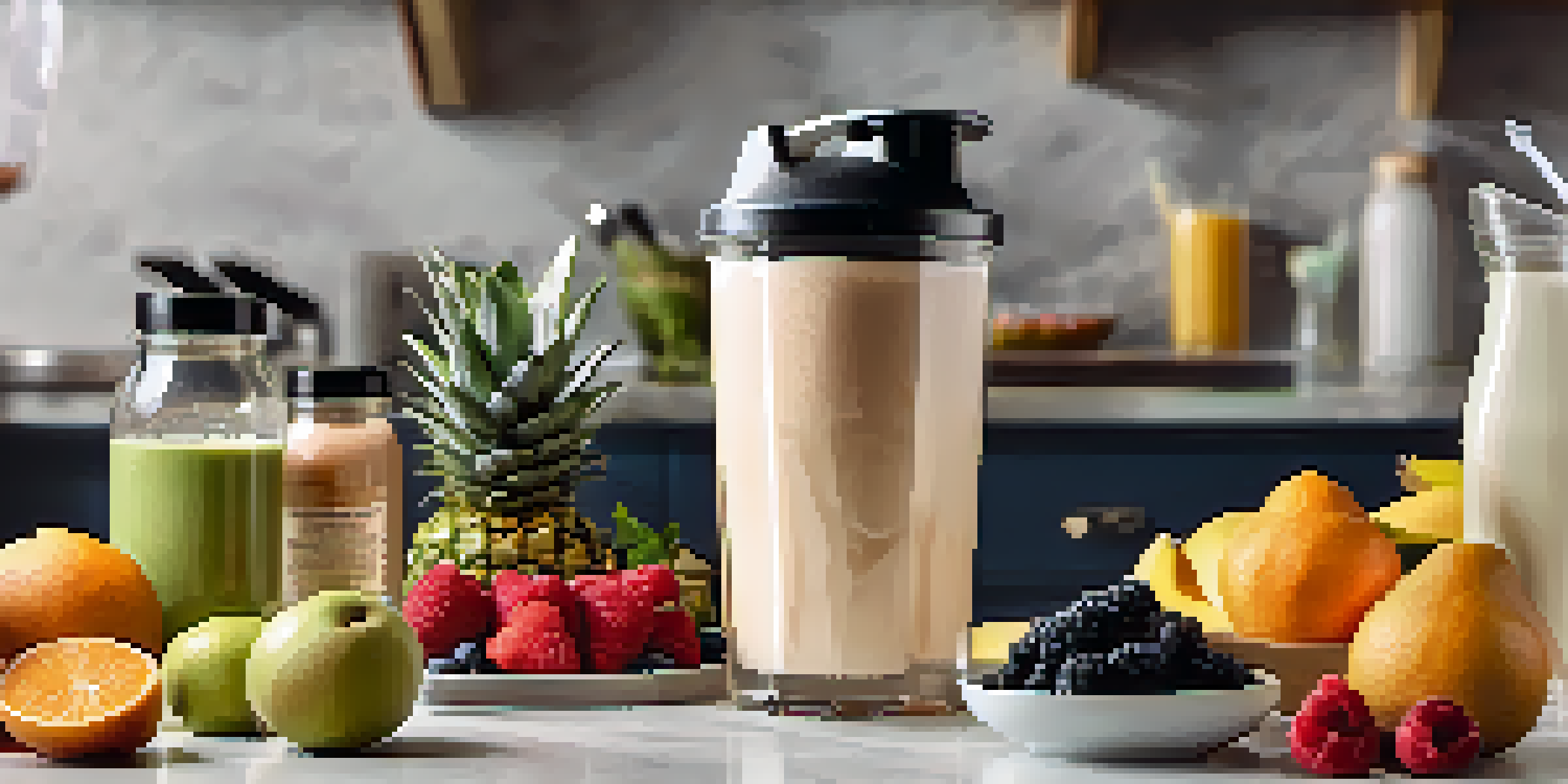 A protein shake being poured into a glass with fresh fruits and protein powder containers in the background.