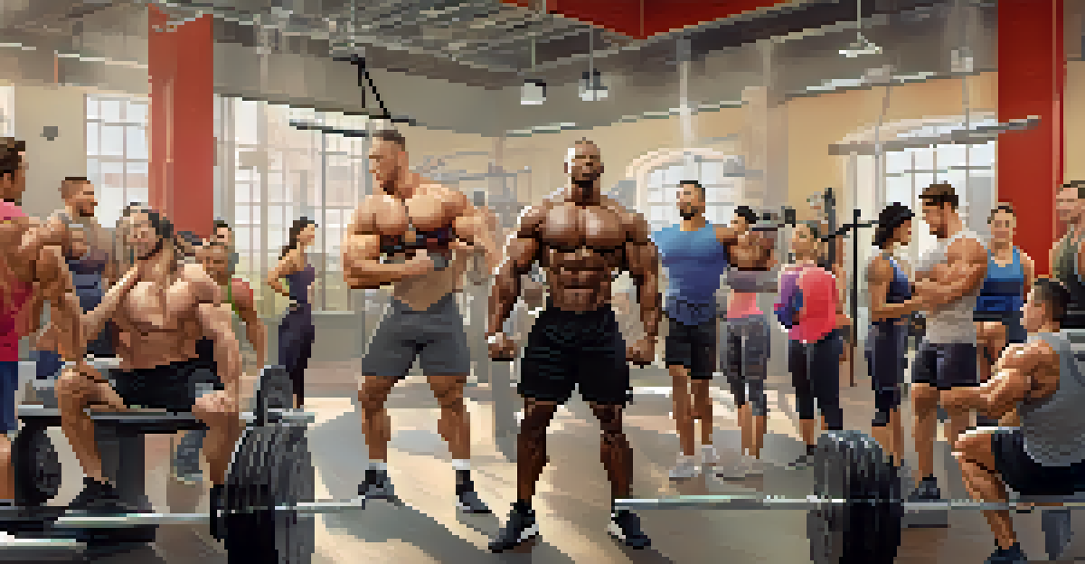 A diverse group of bodybuilders supporting each other during a workout in a bright gym.