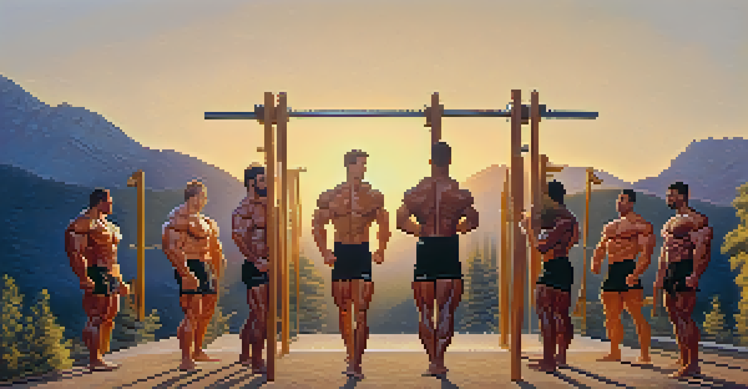 A group of bodybuilders training outdoors at sunrise, showcasing strength and unity against a backdrop of mountains and trees.