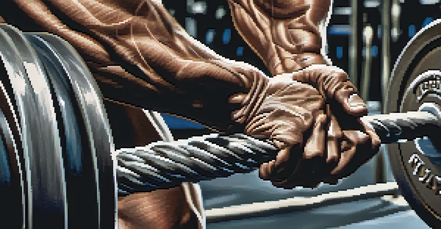 Close-up of a bodybuilder's hands gripping a barbell, showcasing muscle definition and effort.