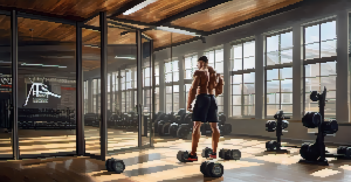A bodybuilder in a gym visualizing a workout, standing in front of a mirror with an expression of determination amidst weights and motivational quotes.