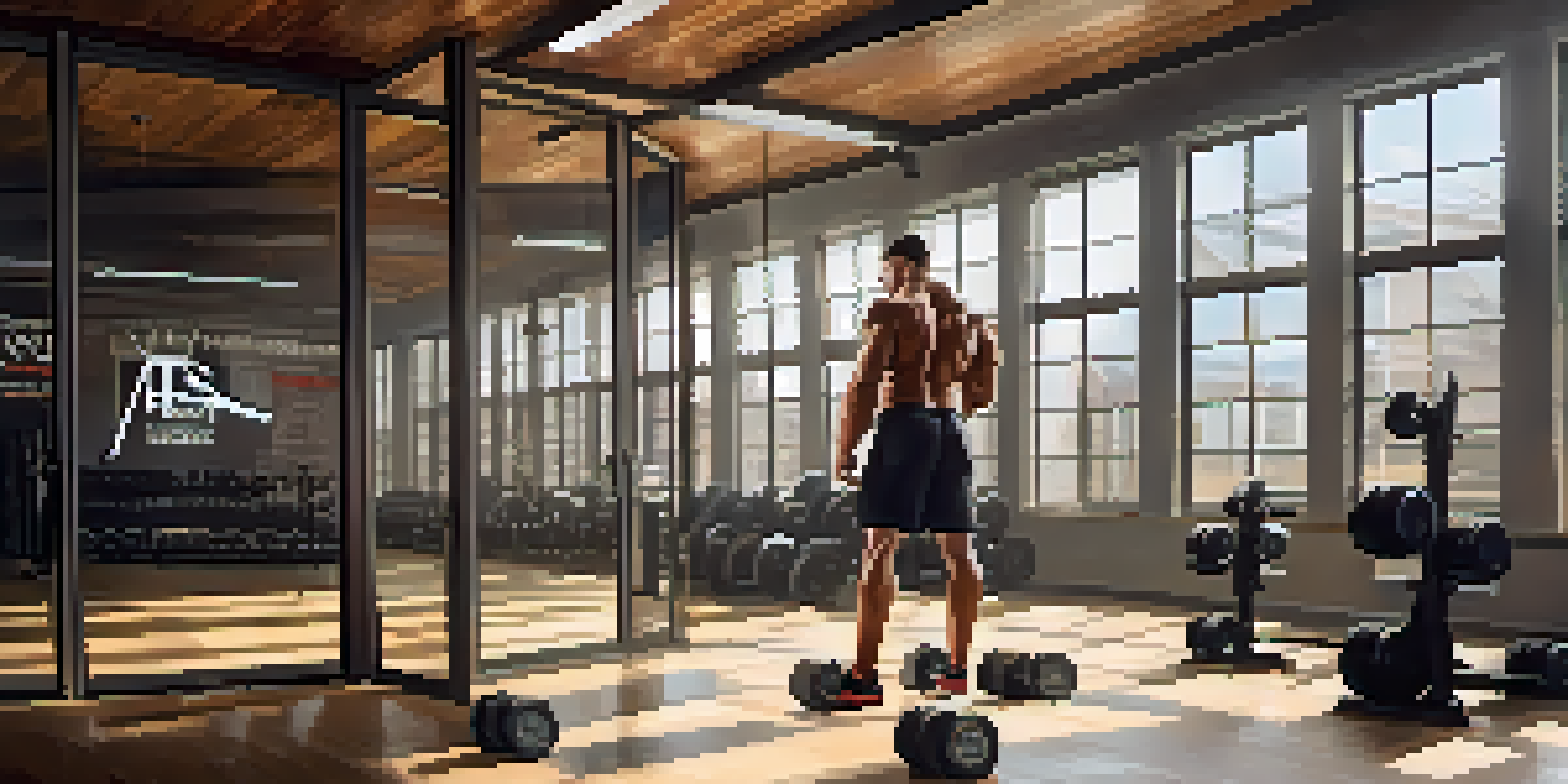 A bodybuilder in a gym visualizing a workout, standing in front of a mirror with an expression of determination amidst weights and motivational quotes.