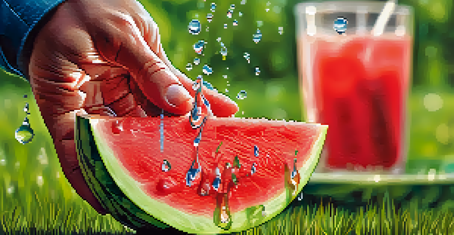 A close-up of a hand holding a slice of watermelon, with a sunny outdoor backdrop.