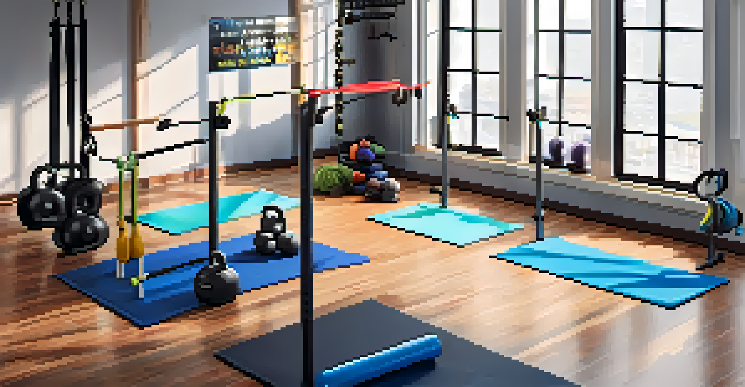 An overhead view of a workout space filled with functional training equipment and a motivational quote on the wall.