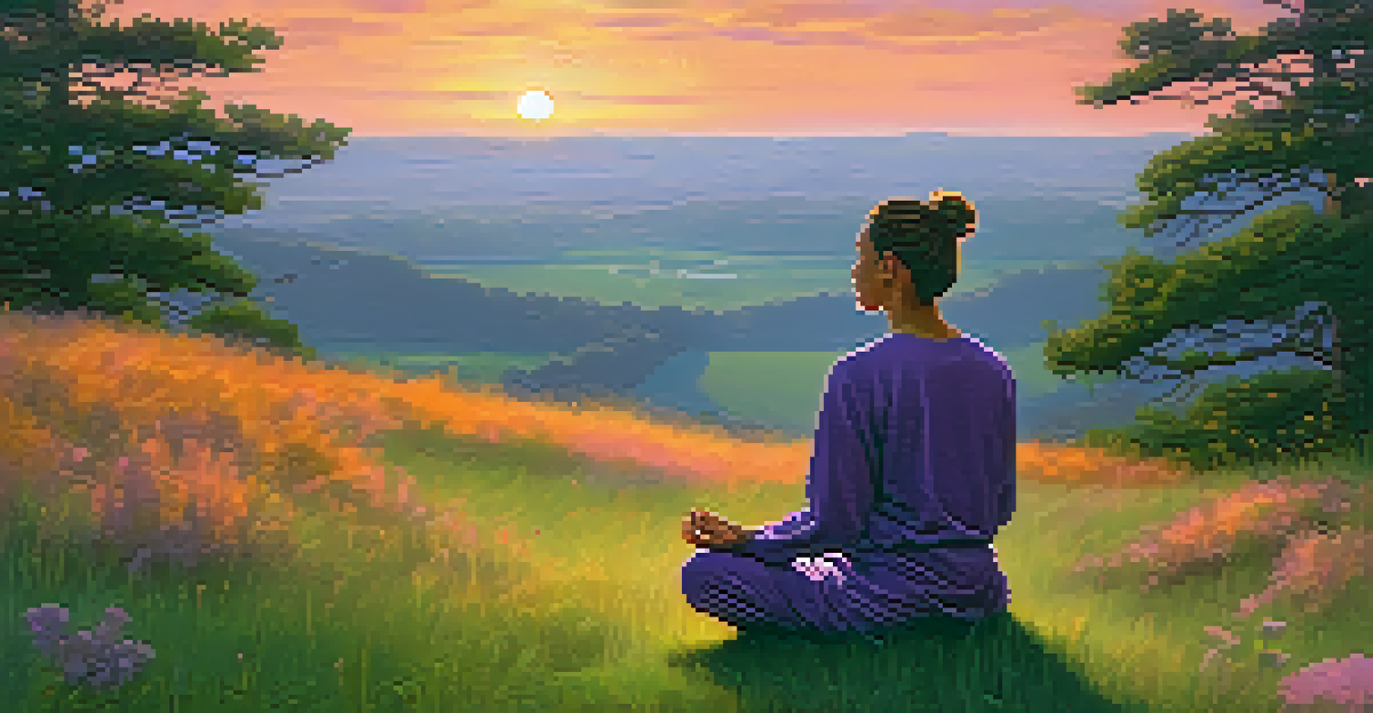 A person meditating on a grassy hill during a vibrant sunset, surrounded by nature.