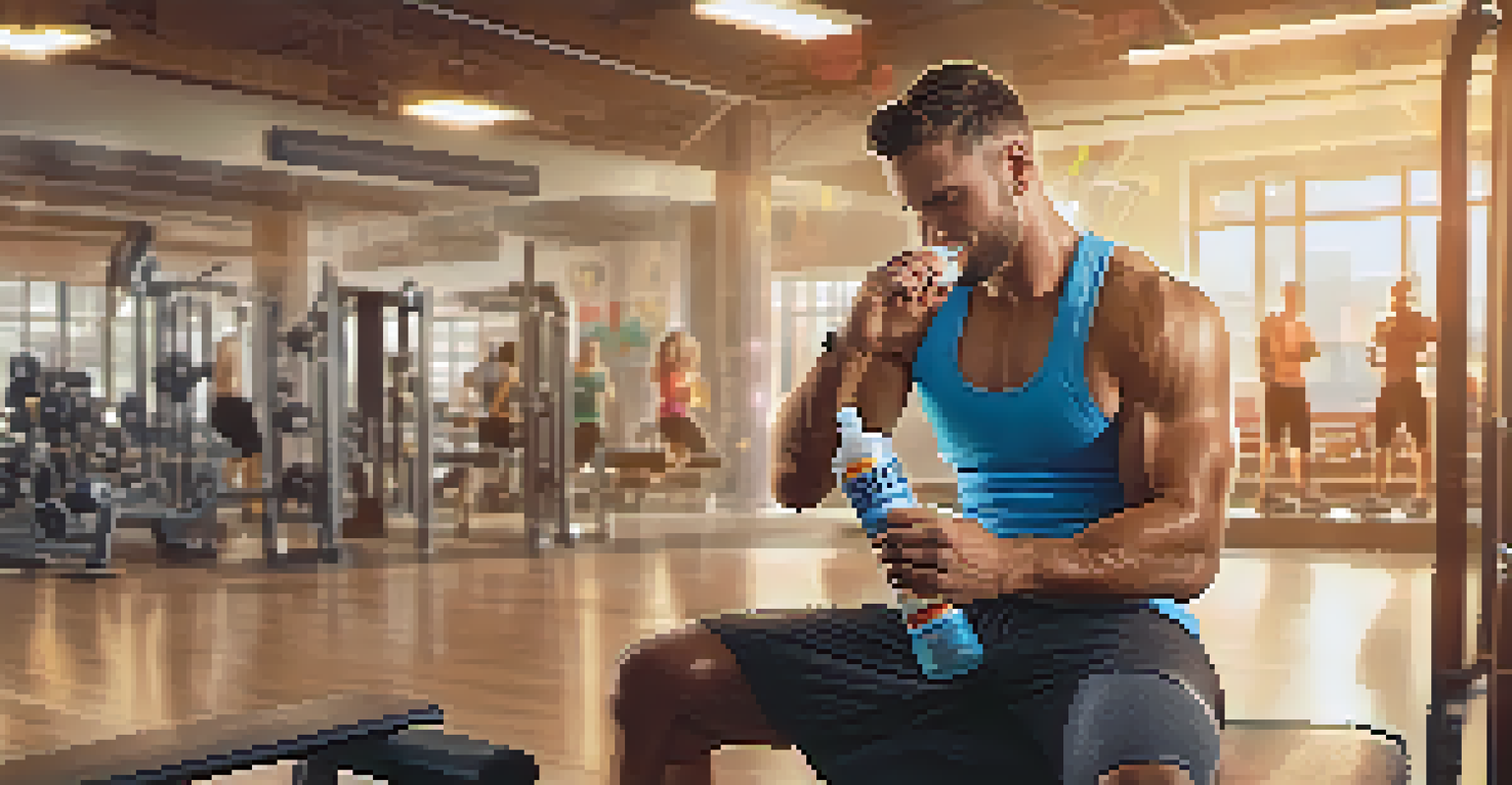 A fitness enthusiast sitting in a gym, enjoying a protein bar post-workout, with gym equipment in the background.