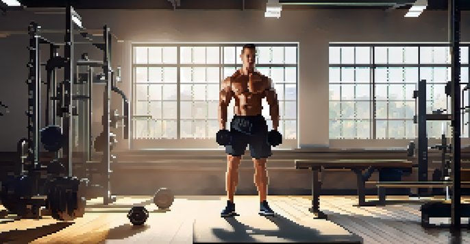 A bodybuilder lifting a dumbbell in a bright gym with sunlight streaming through windows.