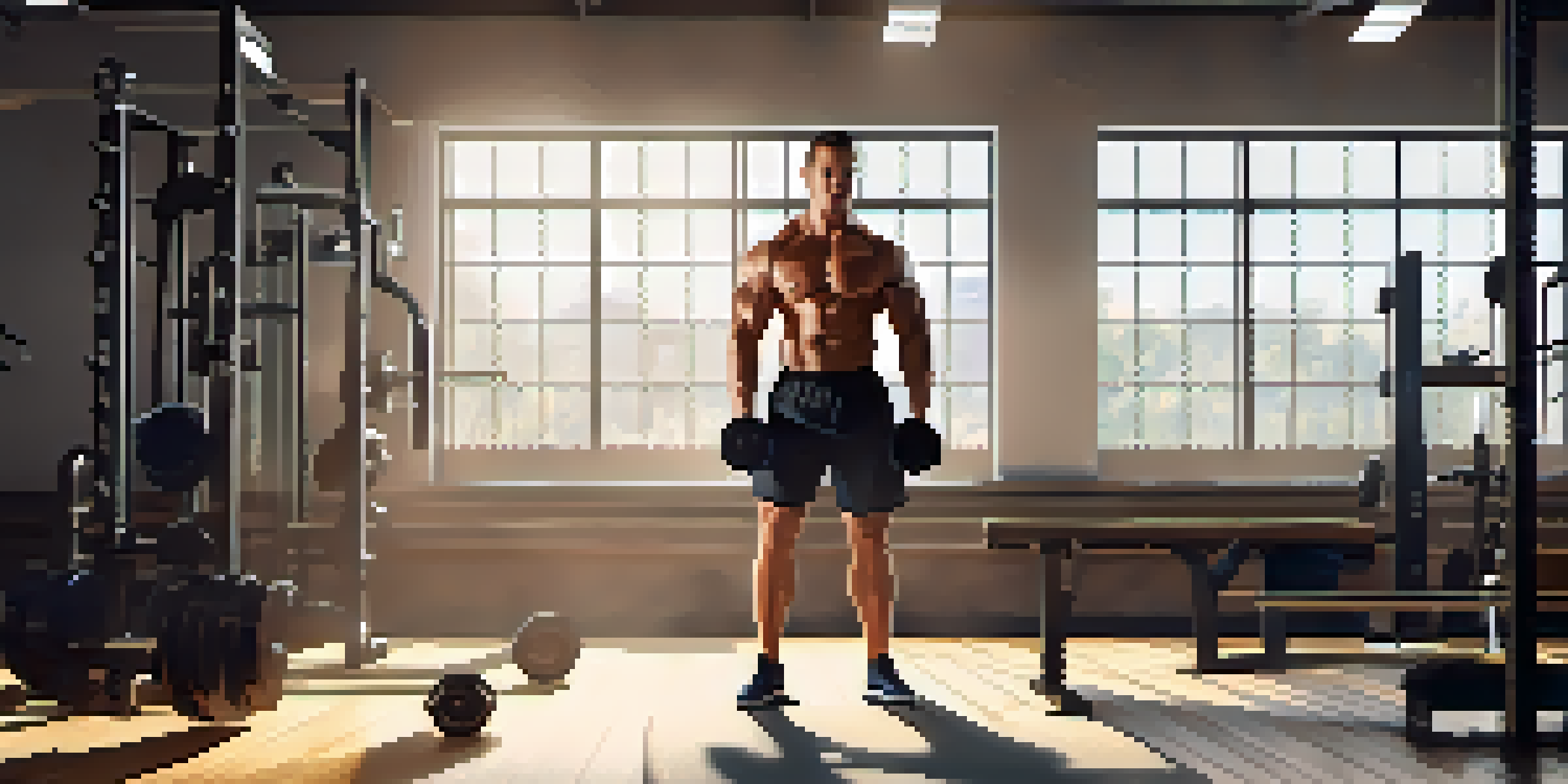 A bodybuilder lifting a dumbbell in a bright gym with sunlight streaming through windows.