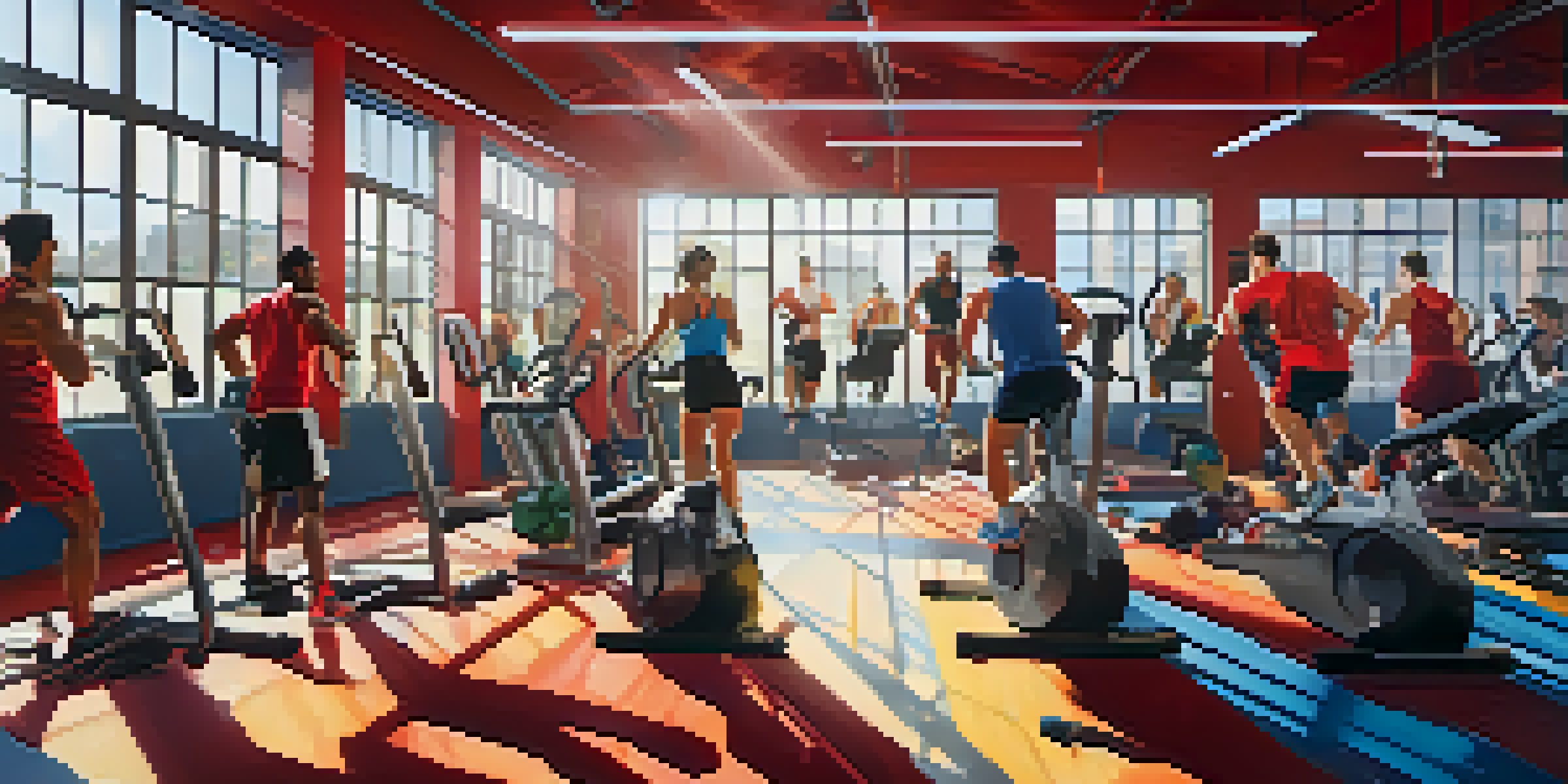 A lively gym with diverse people working out, sun shining through windows, motivational poster on the wall.