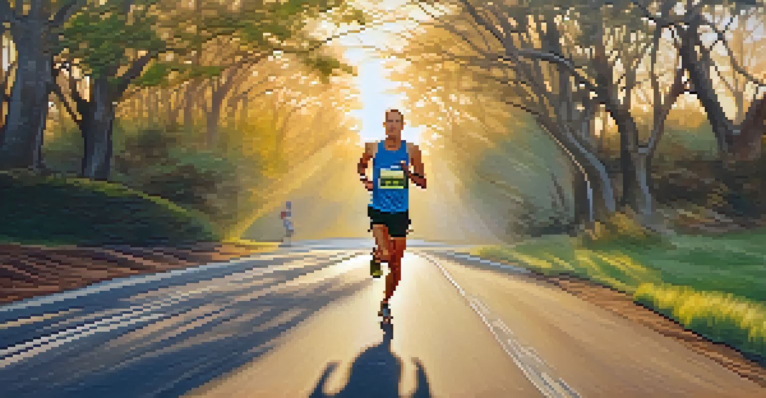 A marathon runner in motion during sunrise, with a scenic background highlighting determination and energy.