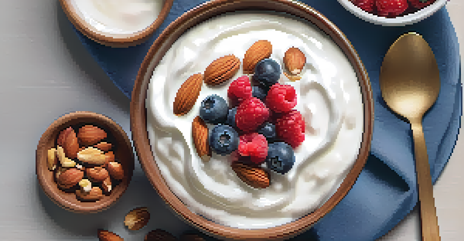 A close-up of a healthy yogurt snack with nuts and berries in a cozy kitchen setting.