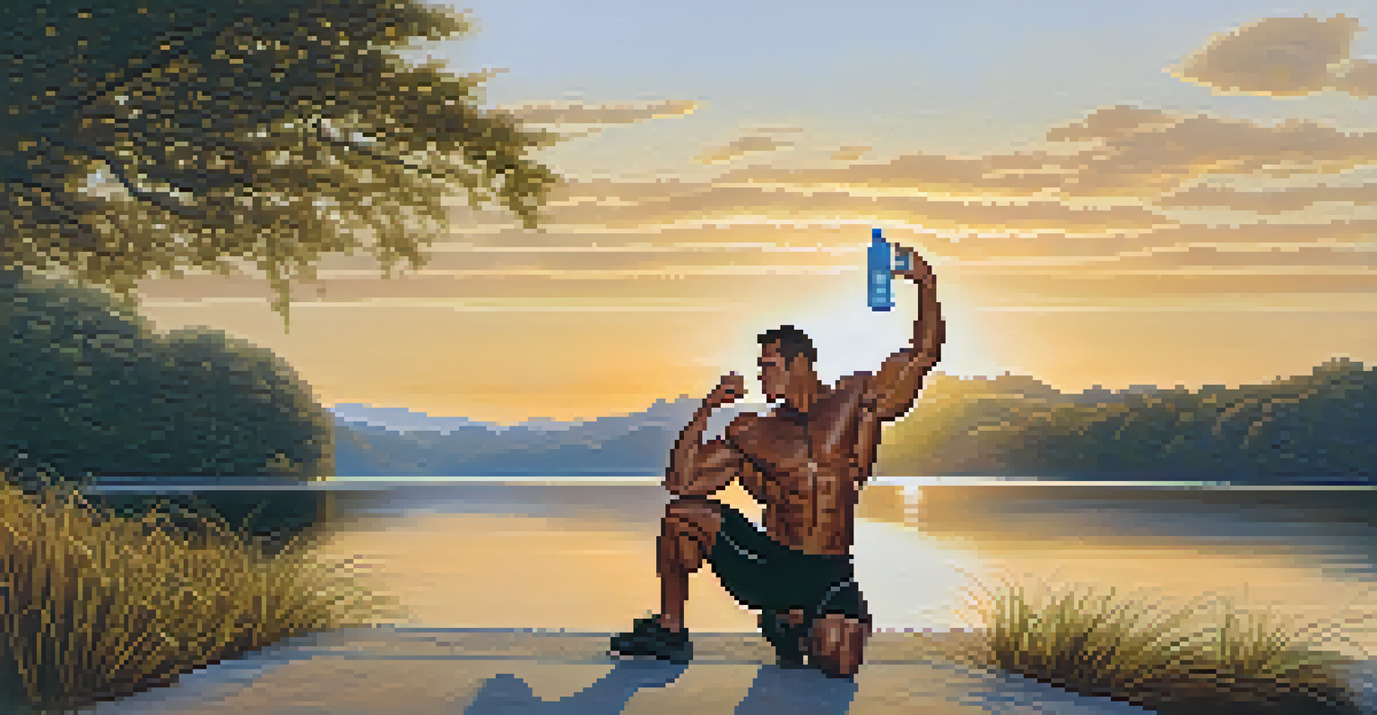 A bodybuilder stretching by a lake at sunrise, highlighting the importance of hydration in a natural setting.