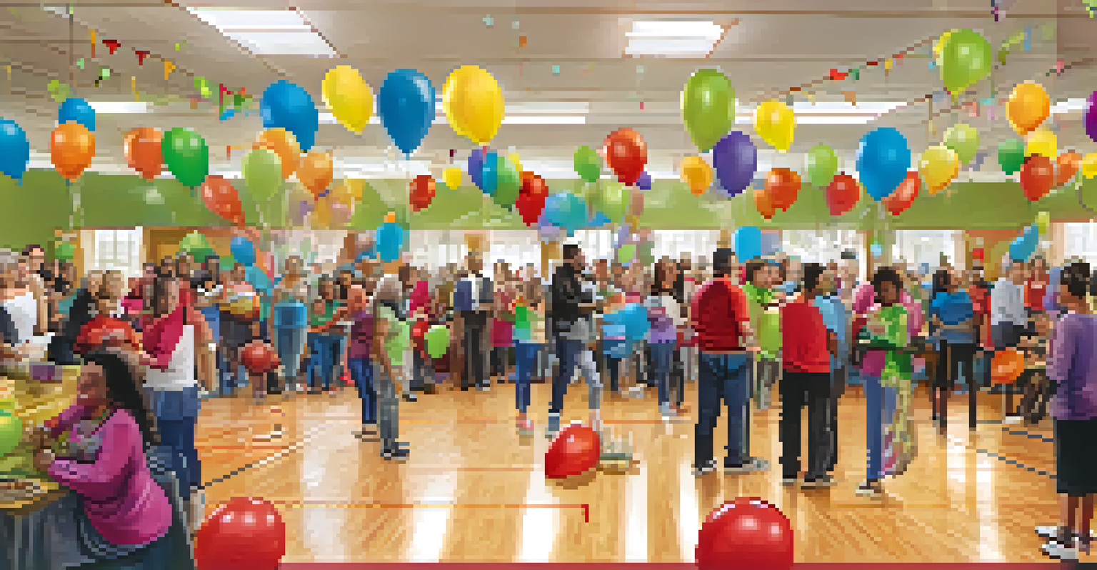 Participants celebrating in a community center after a fitness challenge, surrounded by balloons and banners, enjoying refreshments and sharing stories.