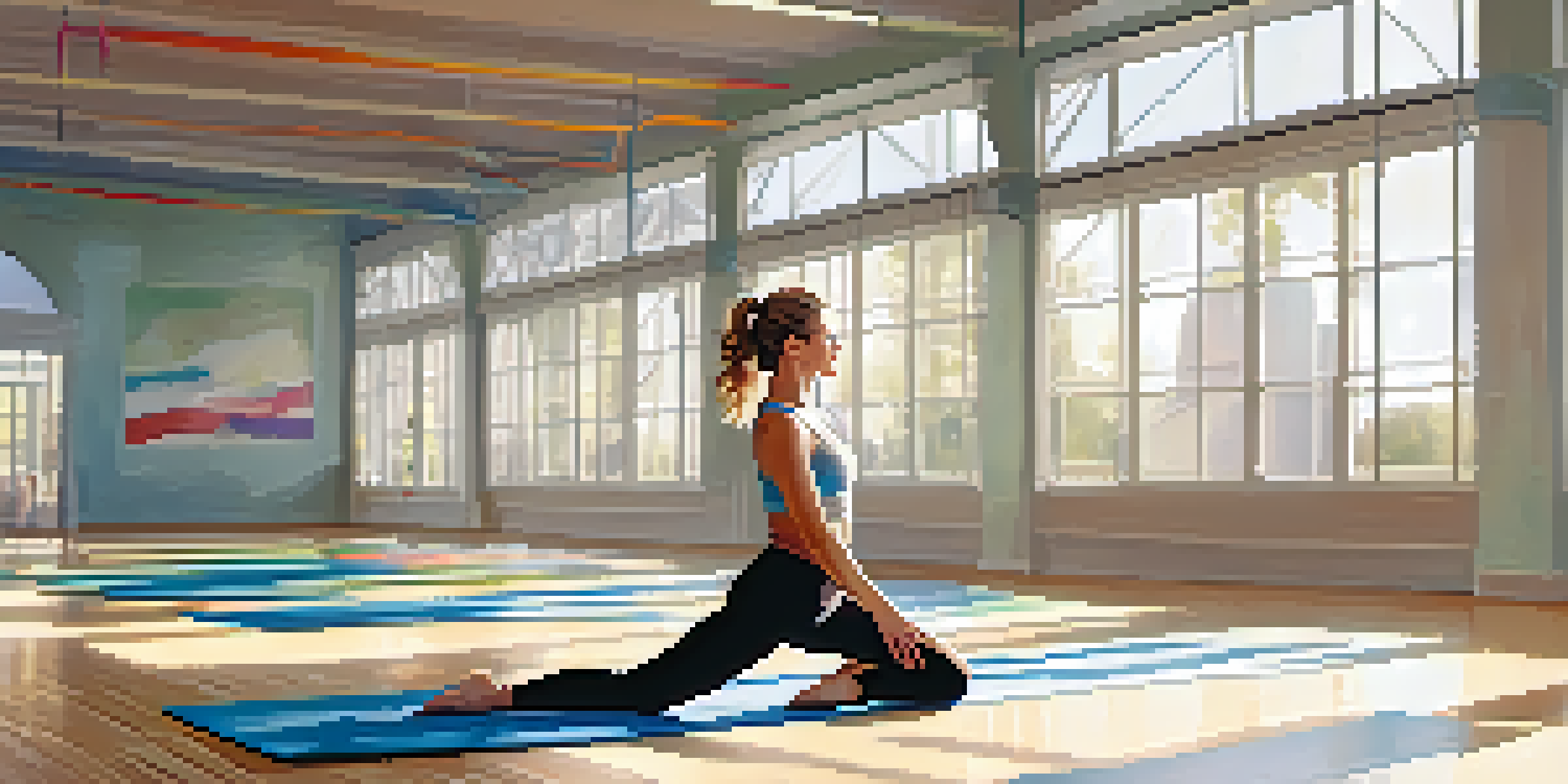 A person doing dynamic stretches in a gym, showcasing a leg swing with exercise mats and equipment in the background.