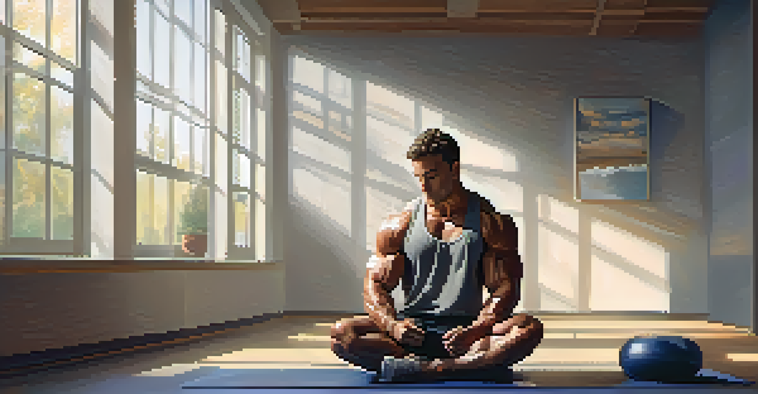 A bodybuilder sitting cross-legged on a gym mat, practicing mindfulness in a dimly lit gym after a workout.