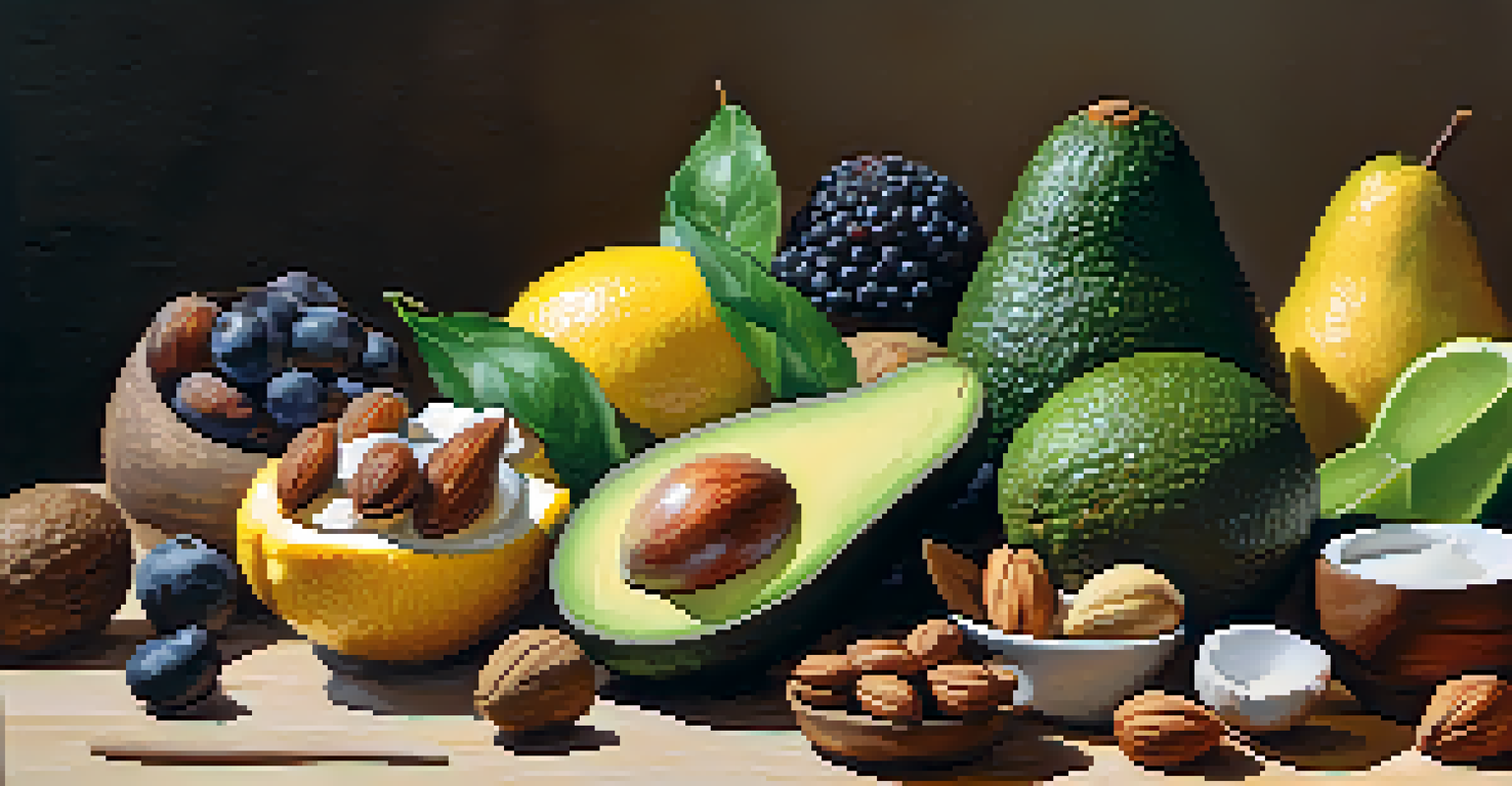 A variety of healthy foods including avocados, nuts, and fruits arranged on a wooden table.