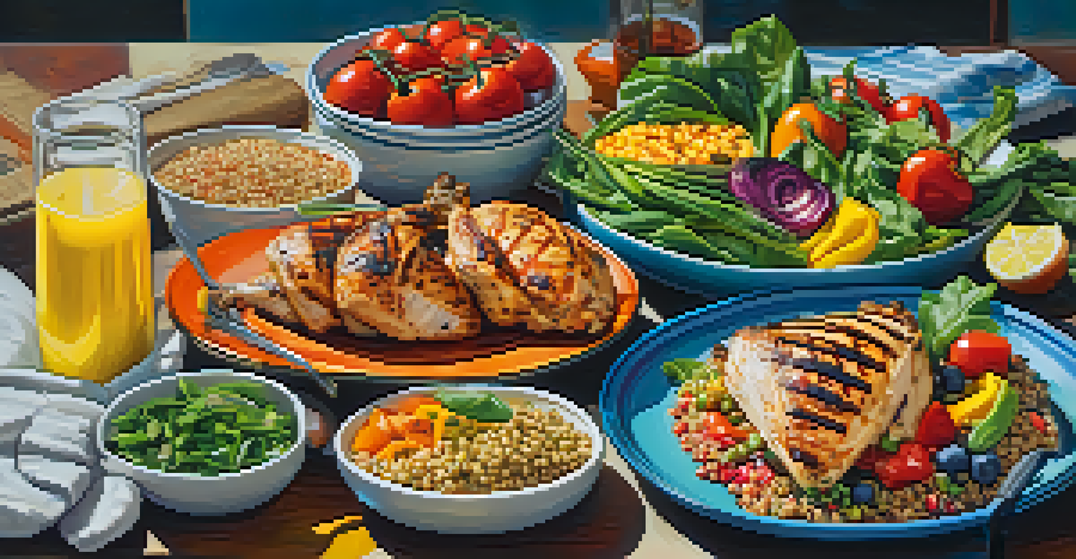 A colorful plate of nutritious foods including grilled chicken, vegetables, and quinoa, emphasizing healthy eating.