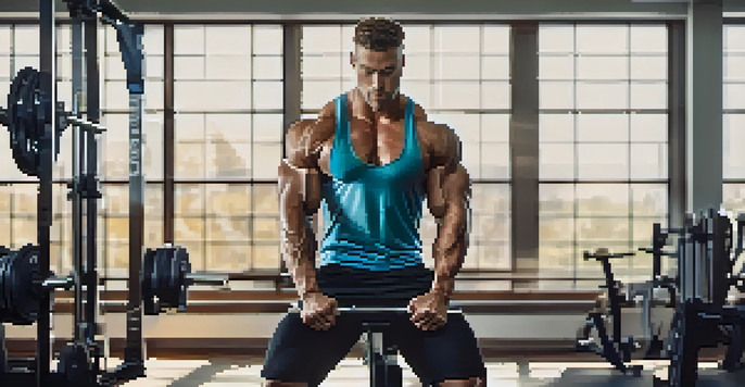 A bodybuilder lifting weights in a well-lit gym, showcasing strength and concentration amidst a warm and inviting environment.