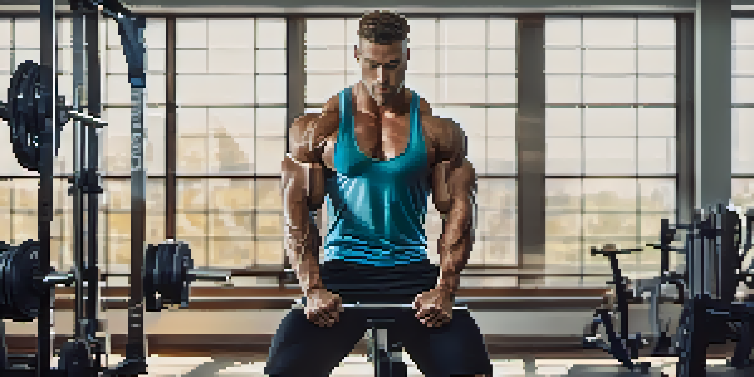 A bodybuilder lifting weights in a well-lit gym, showcasing strength and concentration amidst a warm and inviting environment.