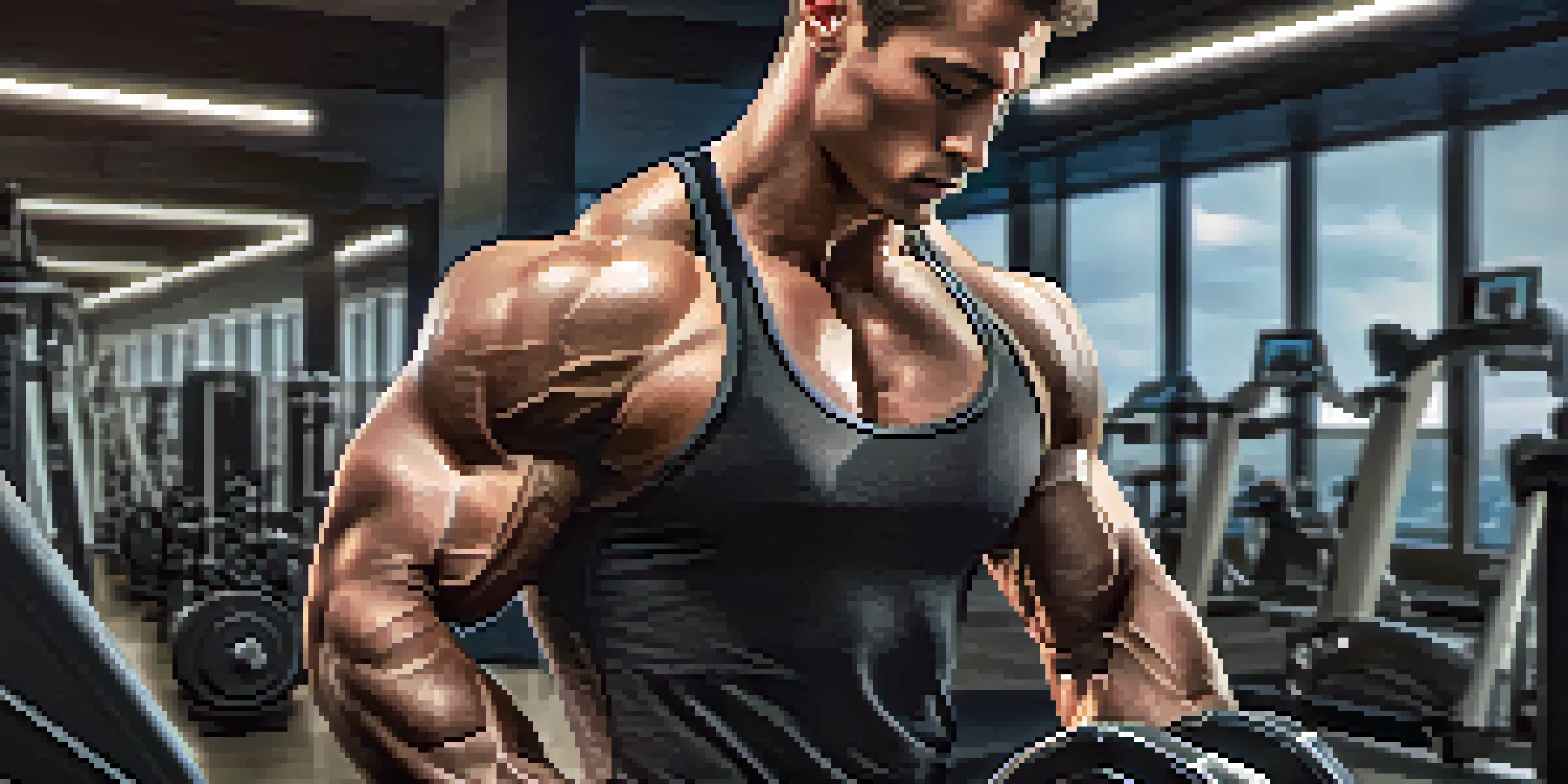 A bodybuilder in a gym wearing a smartwatch that shows workout data, with gym equipment visible in the background.
