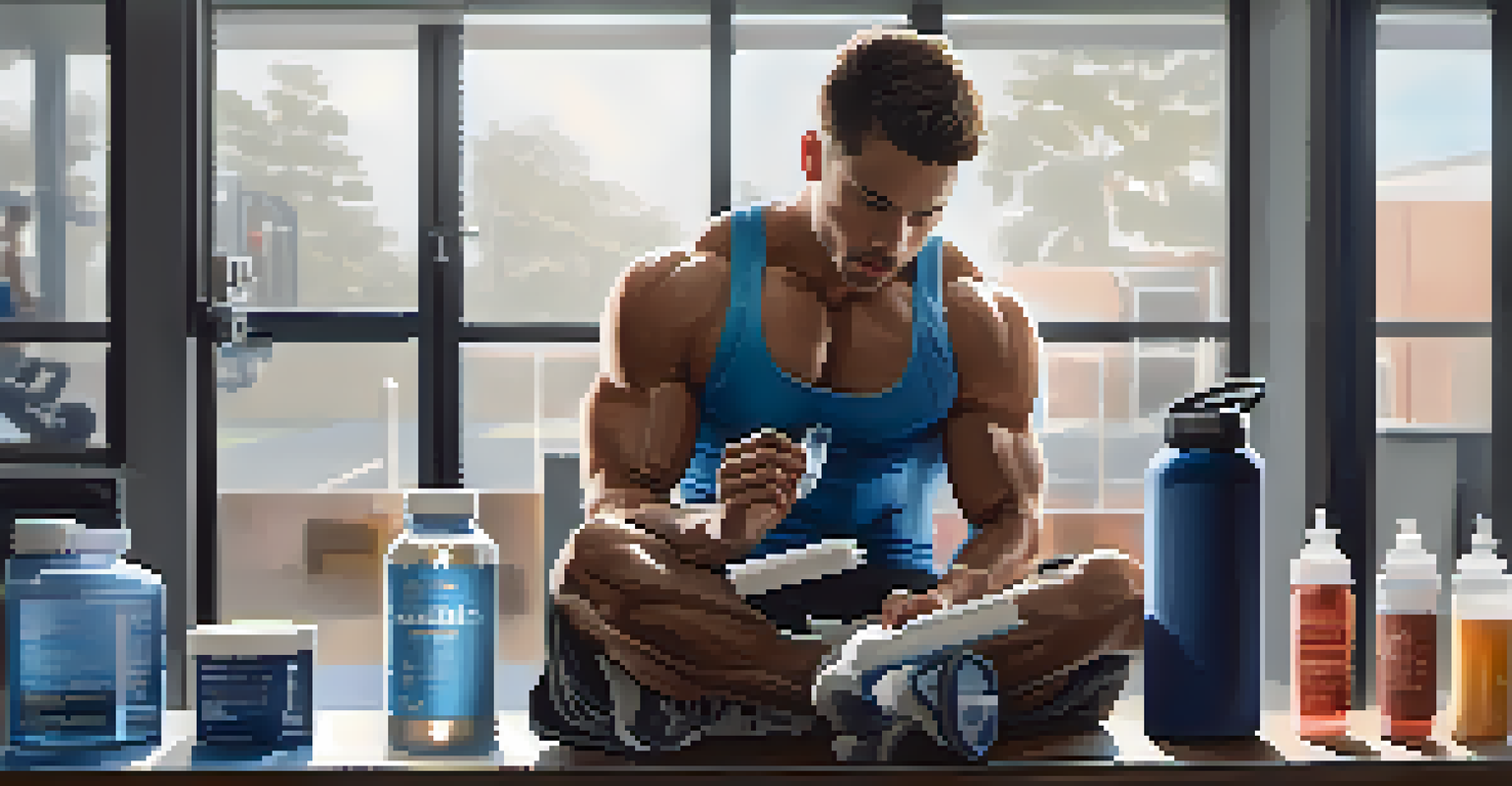 An athlete sitting on a gym bench with a pre-workout supplement container and workout equipment in the background.