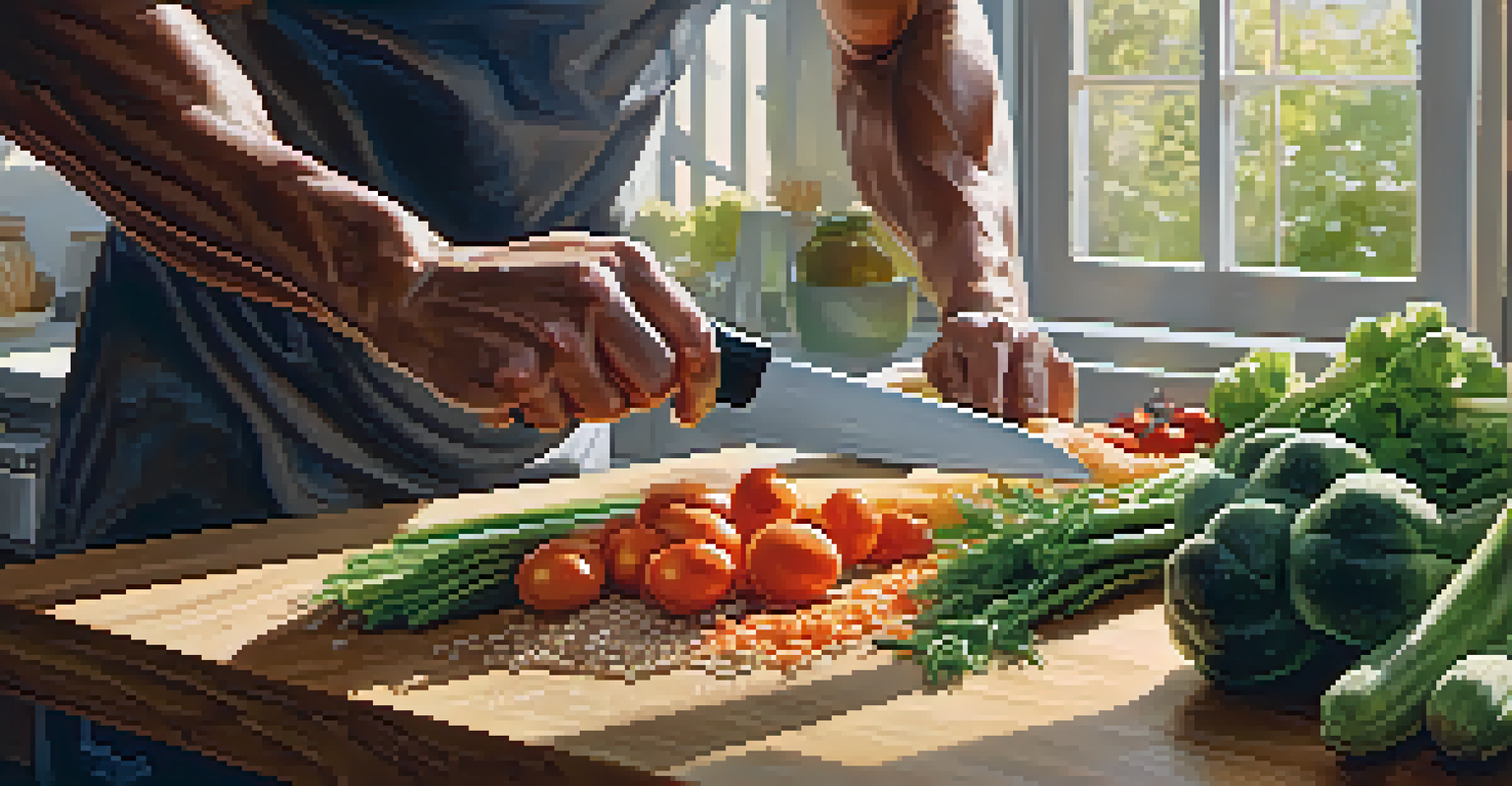 A close-up of a bodybuilder's hands preparing a healthy meal with fresh vegetables and lean protein in a well-lit kitchen.