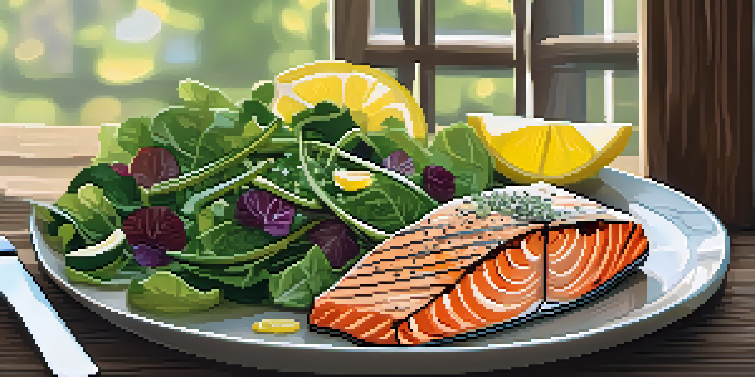 A healthy meal with grilled salmon, quinoa, and leafy greens on a wooden table, illuminated by soft natural light.
