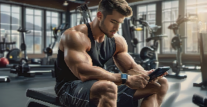A fitness enthusiast checking recovery data on a smartwatch in a brightly lit gym, surrounded by workout equipment.