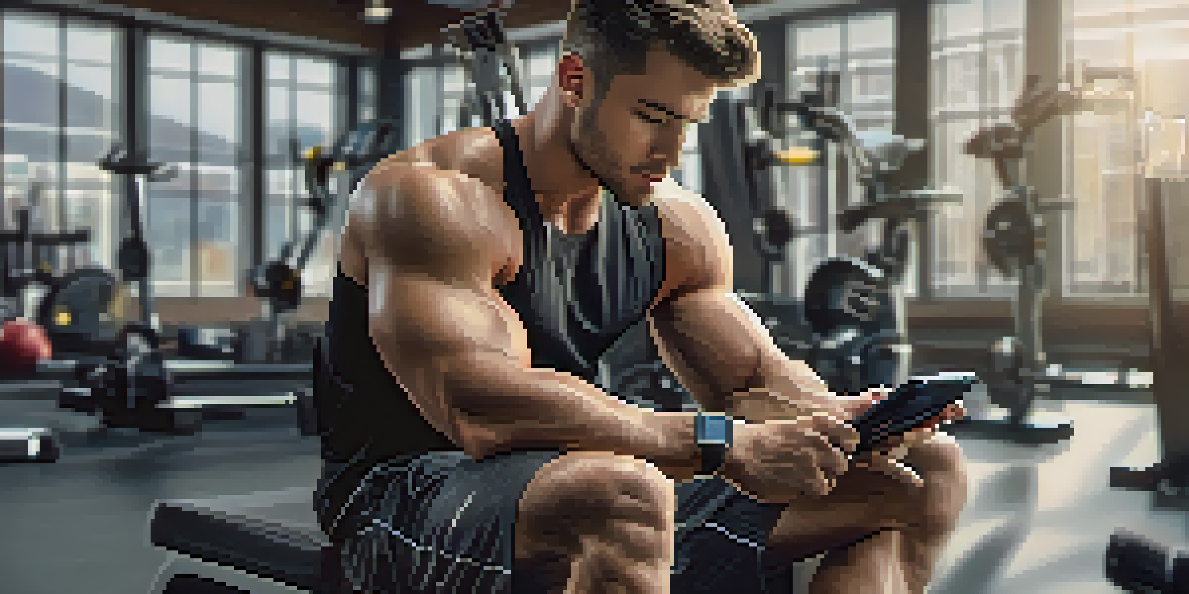 A fitness enthusiast checking recovery data on a smartwatch in a brightly lit gym, surrounded by workout equipment.