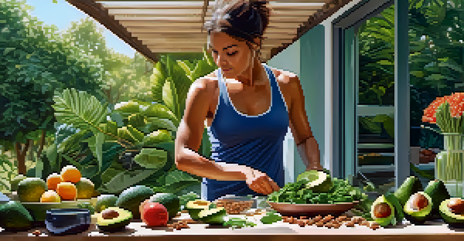 A person preparing a healthy meal outdoors with fresh ingredients like avocados and nuts, surrounded by greenery and natural light.