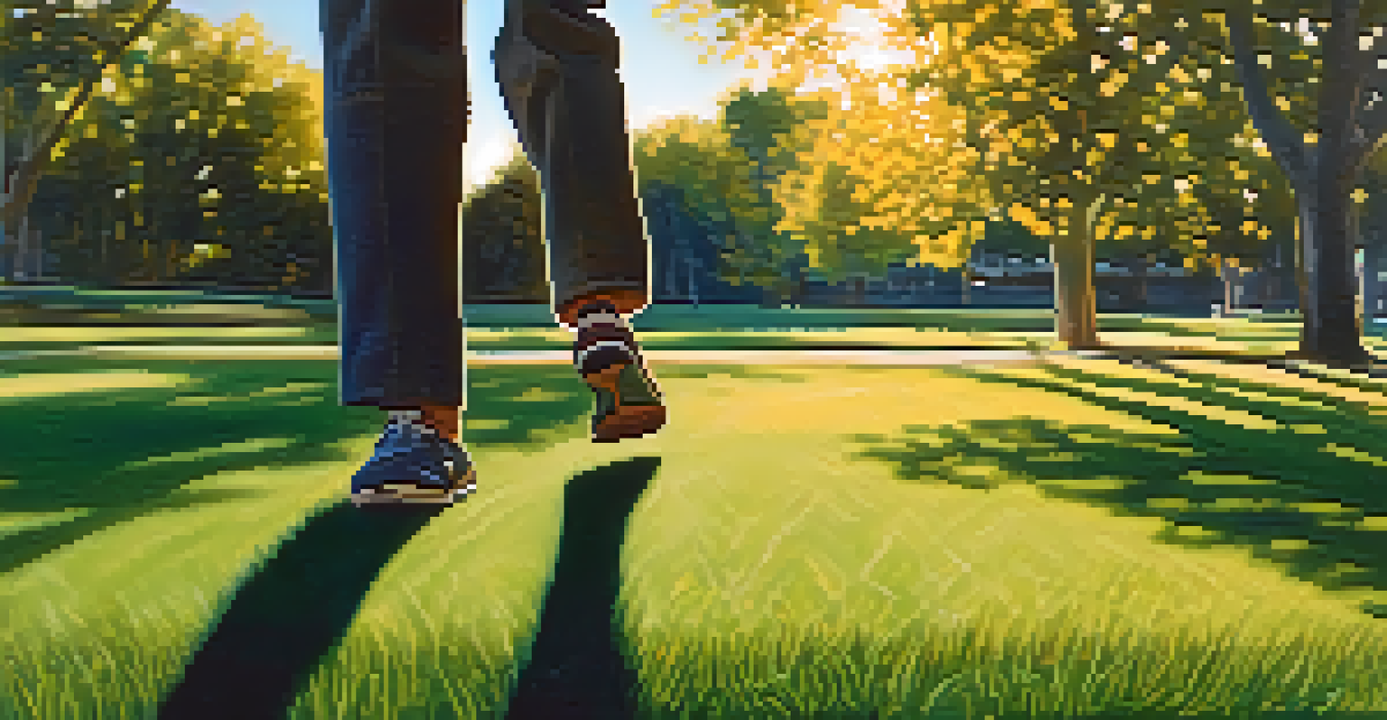 A person performing a lunge in a park at sunset, with a focus on movement and natural beauty.