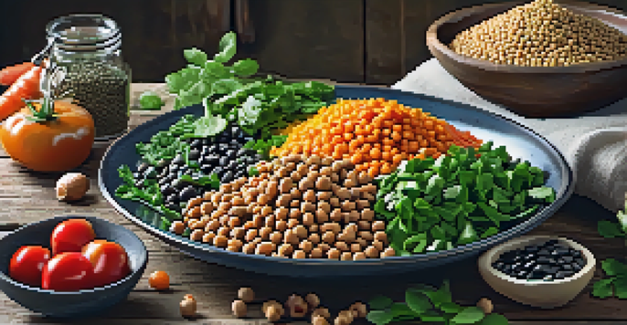 A colorful plate of plant-based protein sources like lentils, chickpeas, and black beans, surrounded by fresh vegetables, placed on a rustic wooden table.