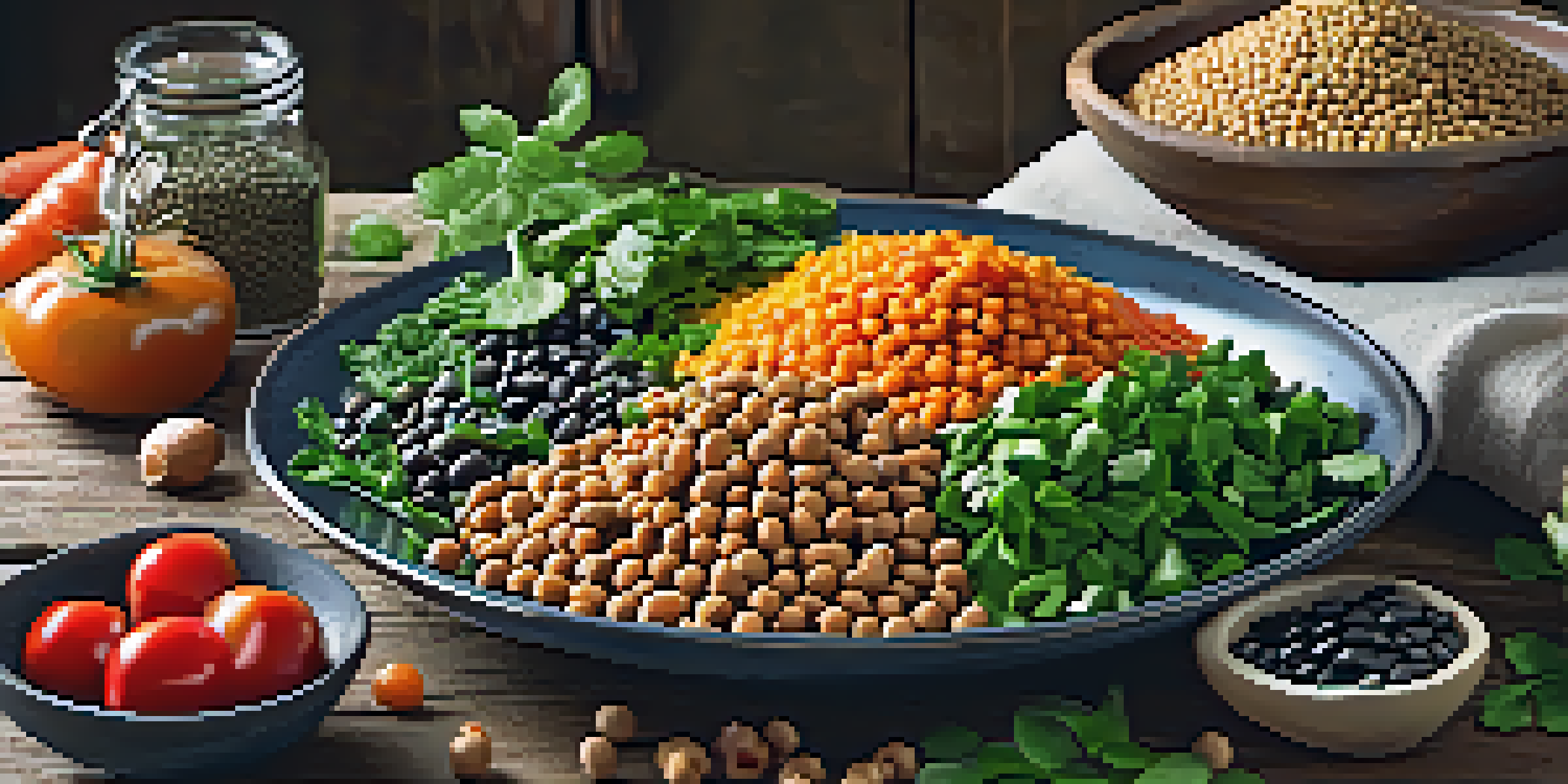 A colorful plate of plant-based protein sources like lentils, chickpeas, and black beans, surrounded by fresh vegetables, placed on a rustic wooden table.