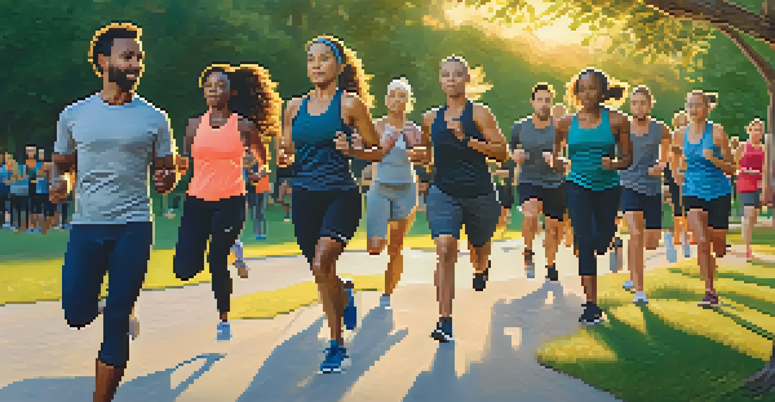A diverse group of individuals exercising outdoors in a park during sunset, highlighting a sense of community and fitness.