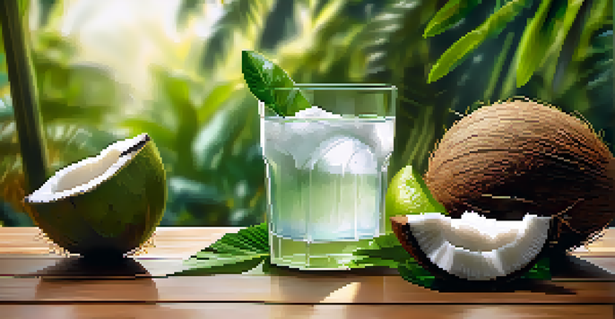 A refreshing glass of coconut water with ice, surrounded by tropical leaves and fresh coconuts, with sunlight filtering through.