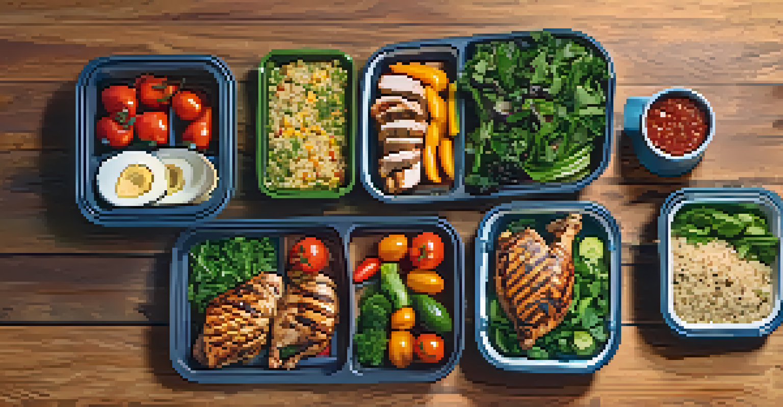 An organized flat lay of meal prep containers filled with nutritious foods like chicken, quinoa, and vegetables on a wooden table.