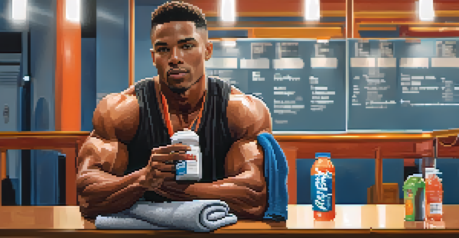 An athlete in a gym holding a sports drink, with a towel around their neck and gym equipment in the background, illuminated by bright lights.