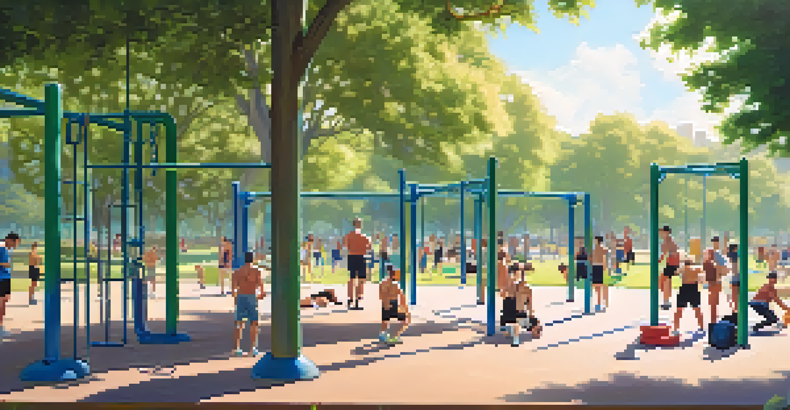 A person doing push-ups in a park during an outdoor workout session, with others using playground equipment for pull-ups in the background.
