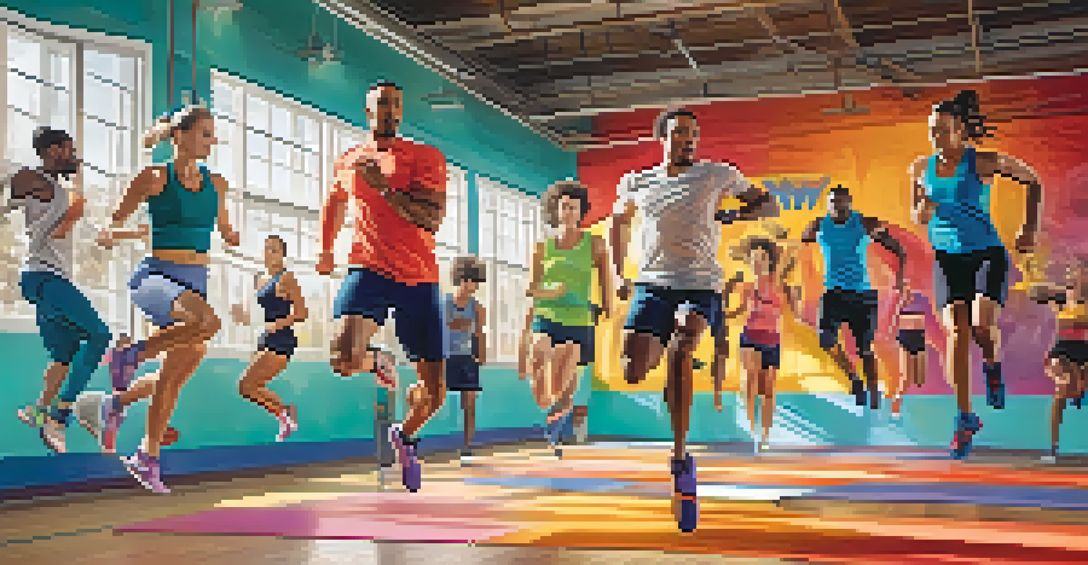 A group of athletes performing plyometric exercises in a gym, demonstrating teamwork and energy.