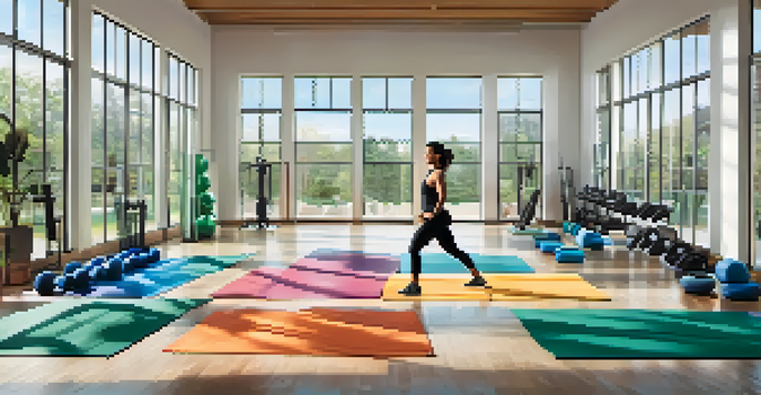 A calm fitness studio with an individual lifting dumbbells, surrounded by yoga mats and exercise equipment, with natural light illuminating the space.