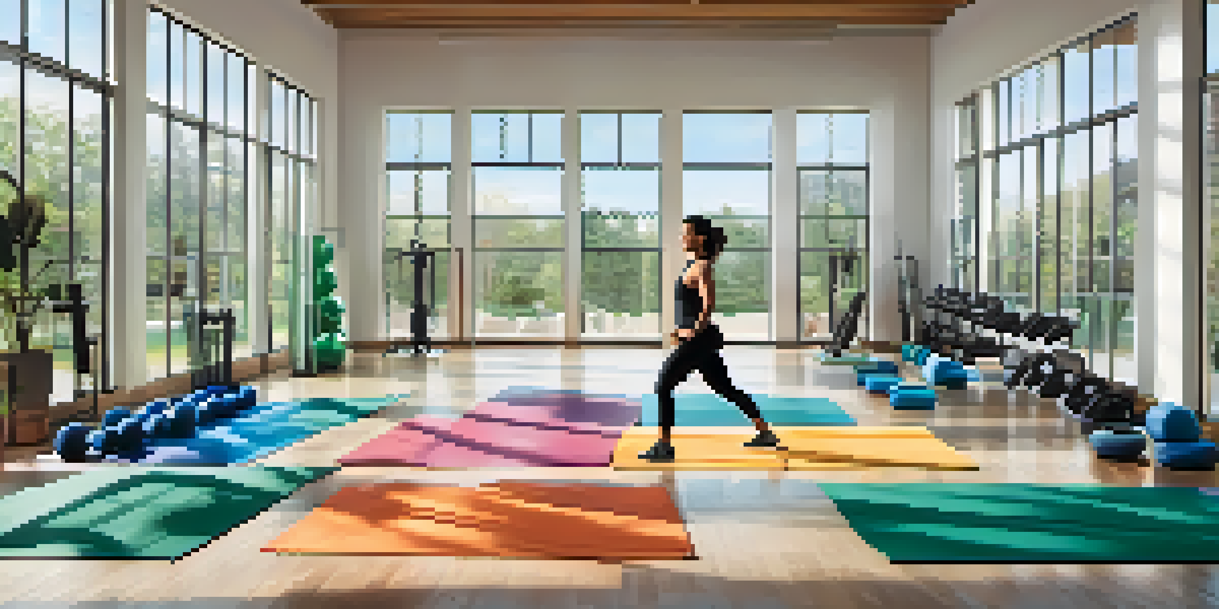 A calm fitness studio with an individual lifting dumbbells, surrounded by yoga mats and exercise equipment, with natural light illuminating the space.