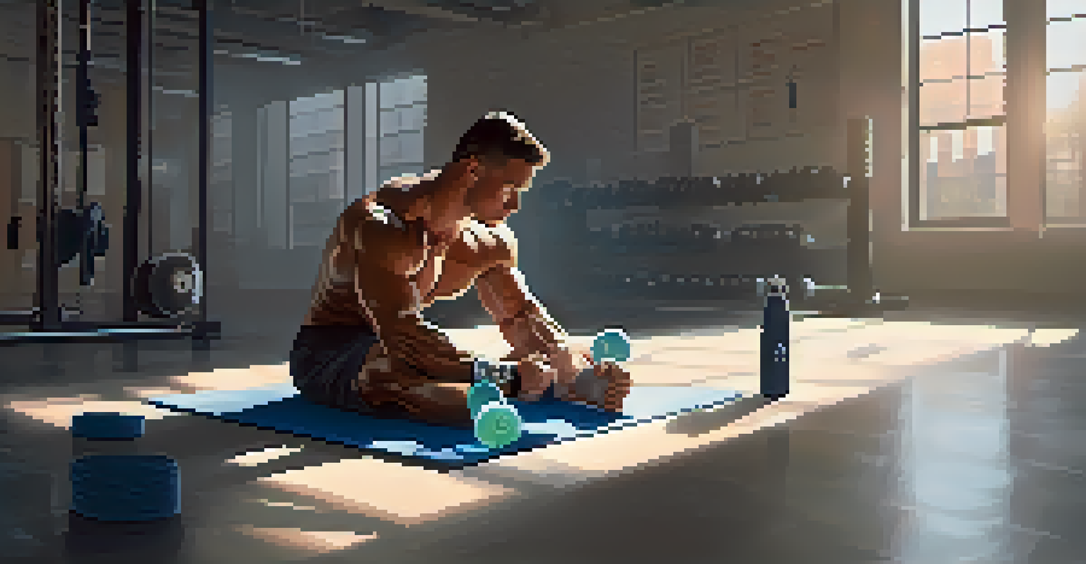 A bodybuilder cooling down and stretching on a gym mat after an intense workout.