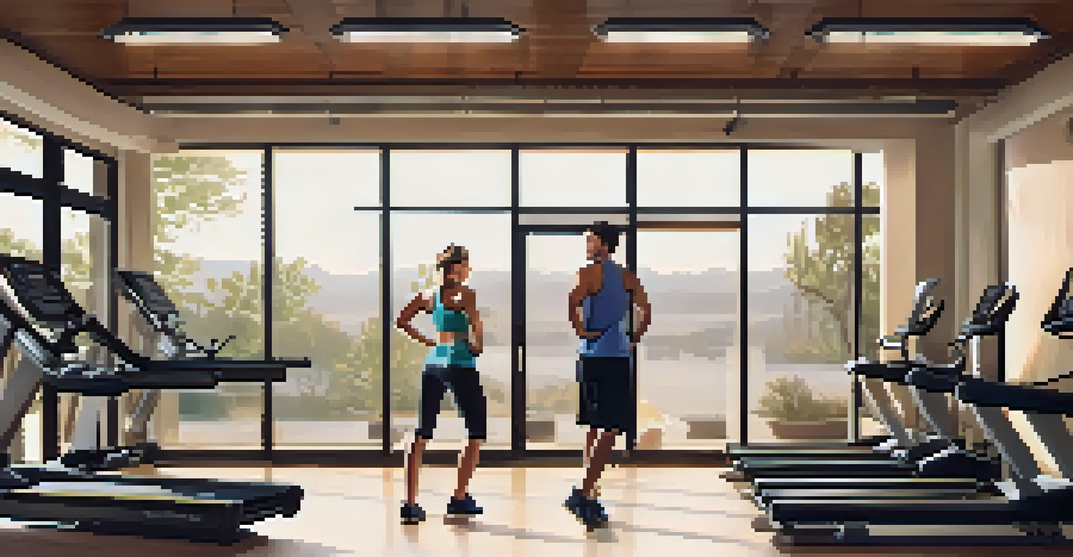 A personal trainer assisting a client with a workout in a well-equipped gym, fostering a supportive and motivational environment.