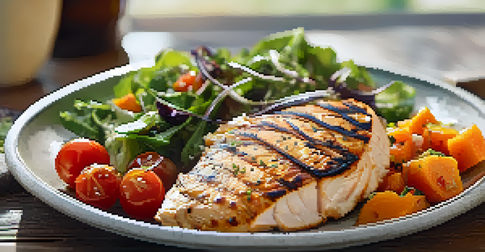 A nutritious post-workout meal with grilled chicken, sweet potato mash, and a vibrant salad on a wooden table illuminated by sunlight.