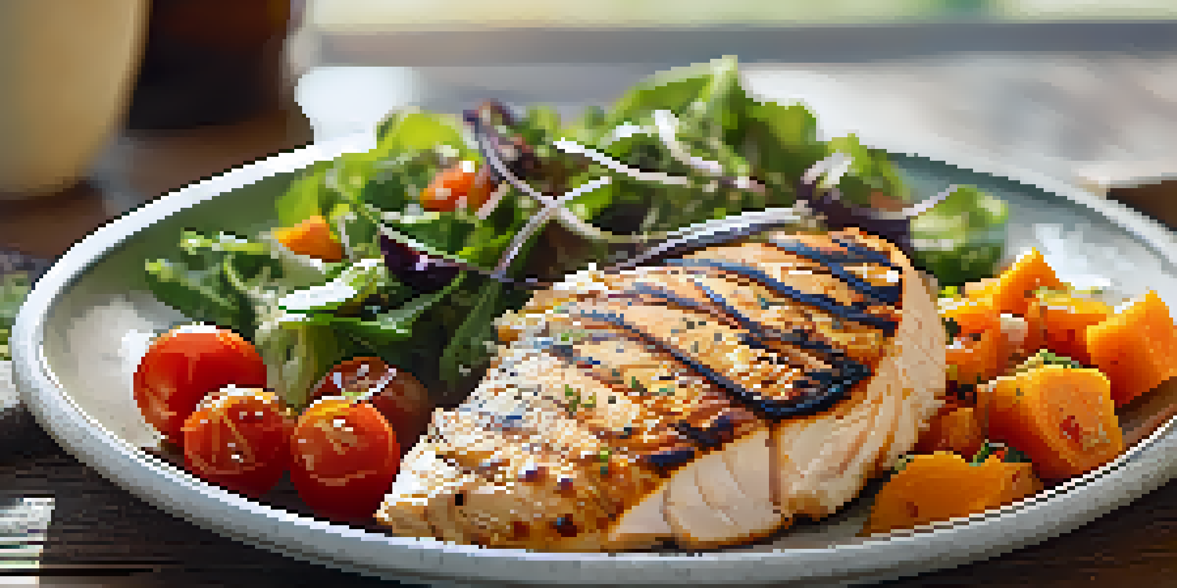 A nutritious post-workout meal with grilled chicken, sweet potato mash, and a vibrant salad on a wooden table illuminated by sunlight.
