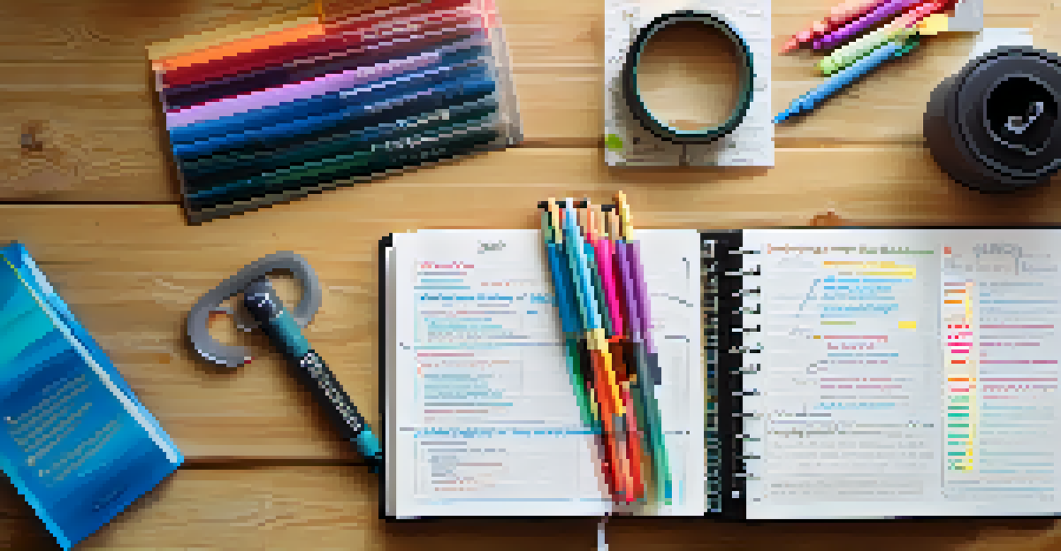 An overhead view of a training journal with notes, pens, and gym equipment on a table.