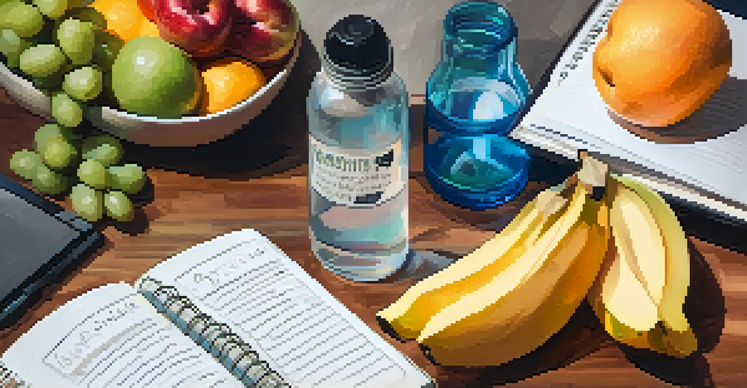 A hand writing in a fitness journal with fresh fruits and a water bottle nearby, emphasizing self-care and reflection in fitness.