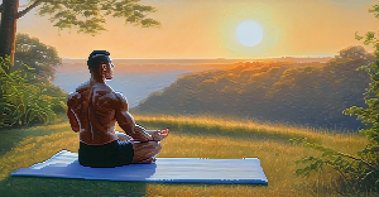 A bodybuilder meditating outdoors at sunset, surrounded by nature.
